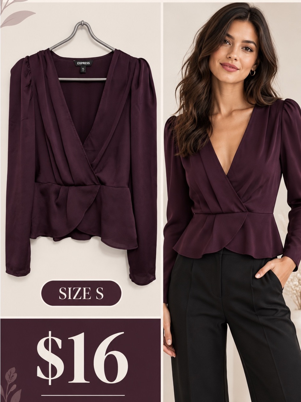 Express Women's Deep Plum Wrap Peplum Blouse